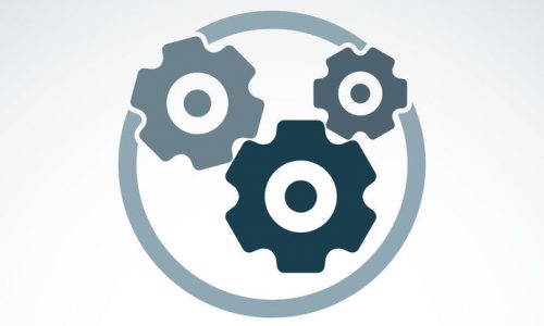 Vector illustration of an organization system, strategy concept. Cog-wheels and gears placed in a circle, service icon. Business and manufacturing process theme.